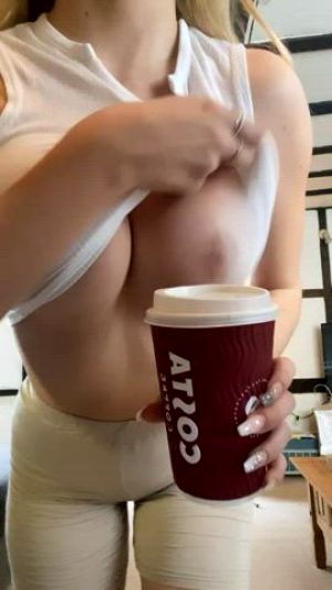 Perfect Way To Start The Day… A Warm Drink And Boobs In Your Face 😉